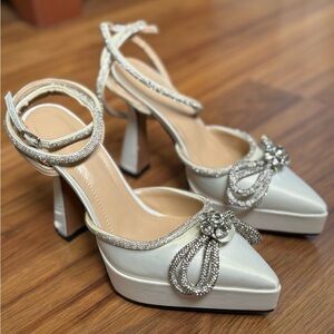 White Platform Bridal Heels with bow